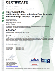 Piper Aircraft Inc. Achieves AS9100 Certification 1